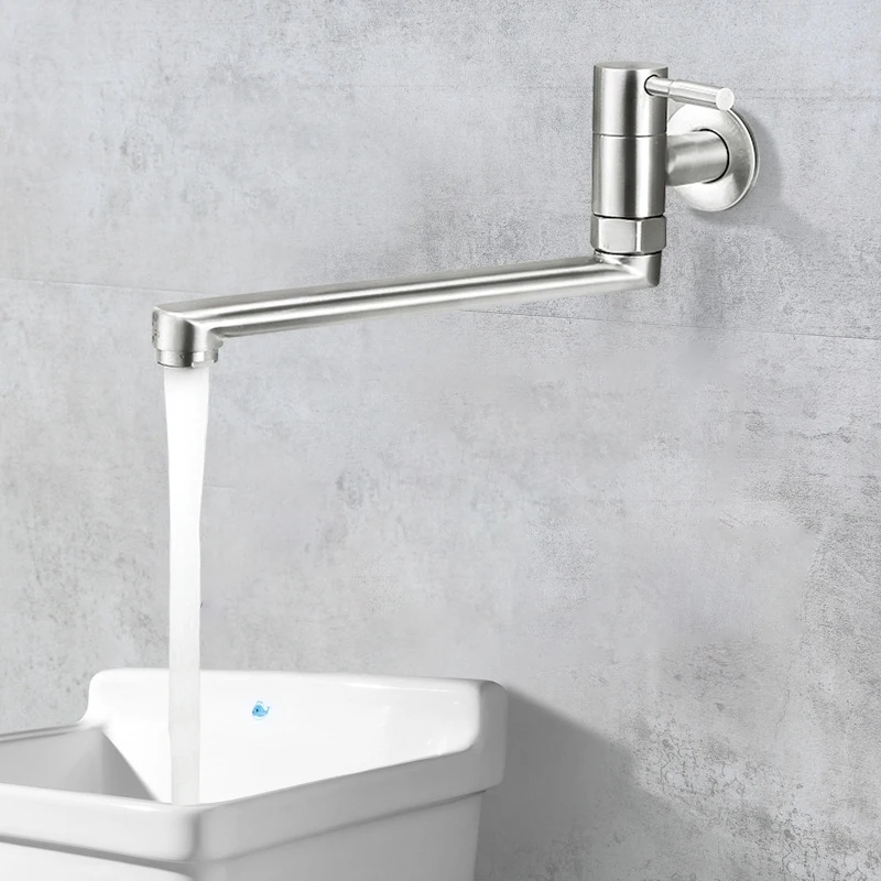 Grifo de cocina con rotación de 180 grados, fregadero, fregona, piscina, acero inoxidable, alargado, montado en la pared, grifos de agua fría