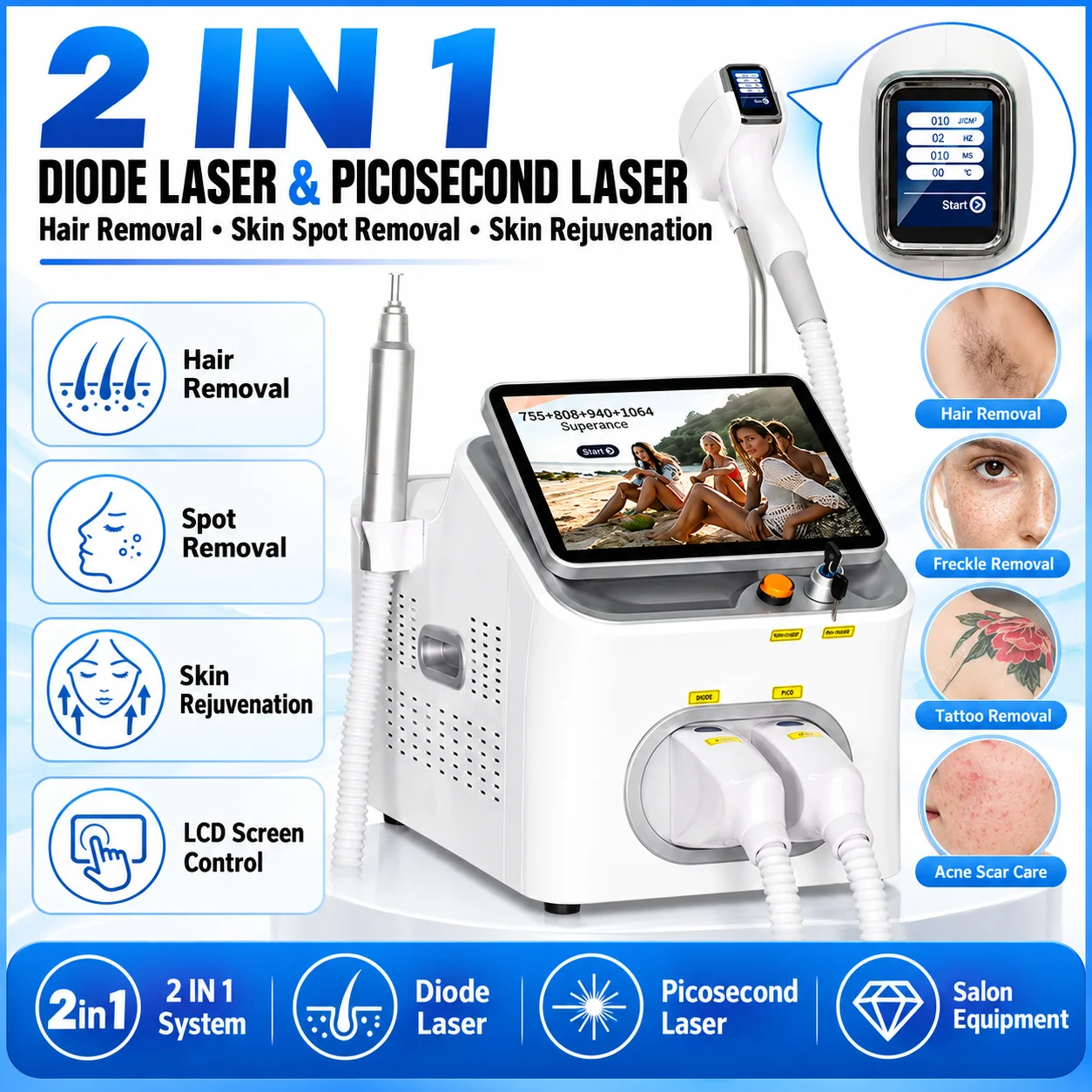 Professional 2-in-1 Portable Desktop Diode Nd Yag Laser Hair Removal Tattoo Pigment Freckle Removal  Machine 755 808 940 1064nm