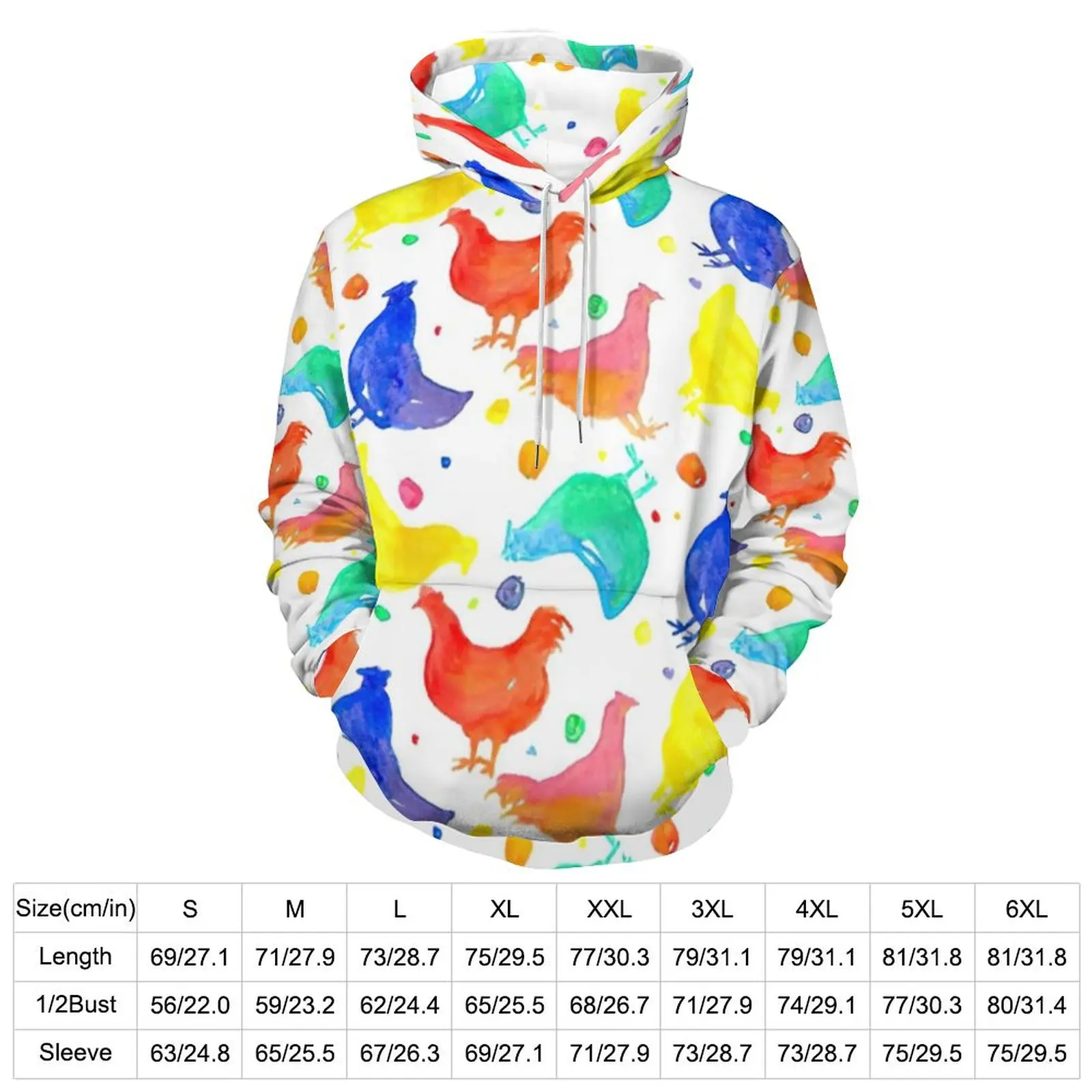 Colorful Chicken Loose Hoodies Watercolor Animal Print Fashion Pullover Hoodie Man Long Sleeve Kawaii Design Sweatshirts