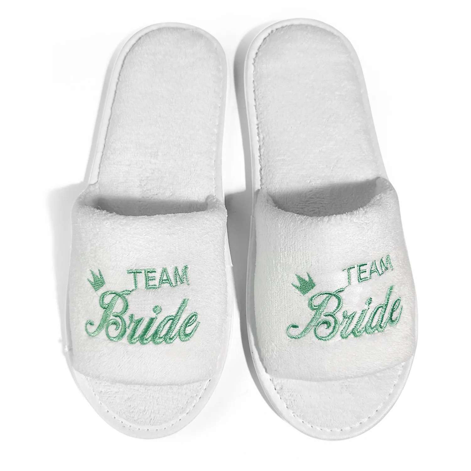 Braut und Brautjungfer, Hochzeit, Party, Gäste, Zuhause, Slip-On-Schuhe, Brautparty-Hausschuhe, offener Zehenbereich mit goldenem, mintgrünem und rosa – Detail 10