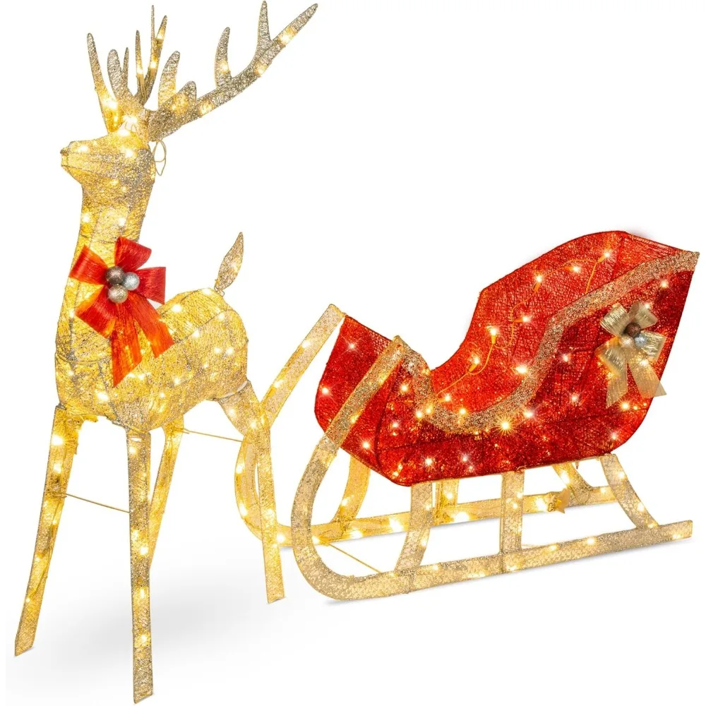 

Best Choice Products Lighted Christmas 4ft Reindeer & Sleigh Holiday Outdoor Yard Decoration Set w/ 205 LED Lights, Stakes, Zip