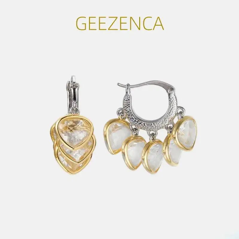 GEEZENCA S925 Silver Two Tone Natural White Crystal Tassel Dangle Earrings For Women French Chic Small Earring 2023 New Gift