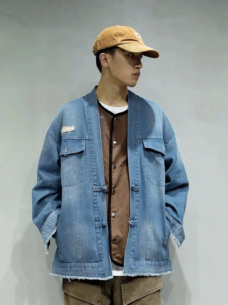 Chinese Taoist Robe Denim Jacket Men Streetwear Fashion Loose Casual Retro Denim Jacket Boyfriend Jeans Coat Cardigan Outerwear