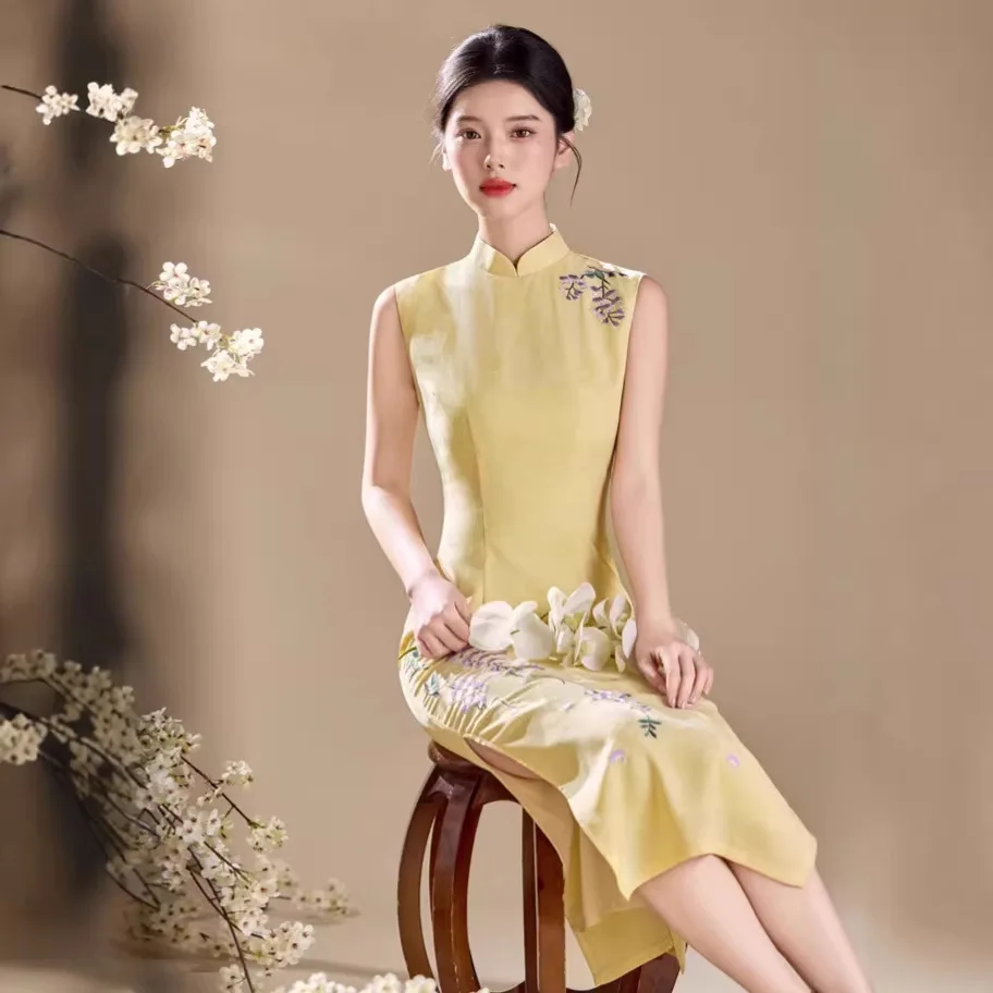 yourqipao Summer double-layer embroidered jacquard long yellow sleeveless qipao elegant waist slimming cheongsam for women