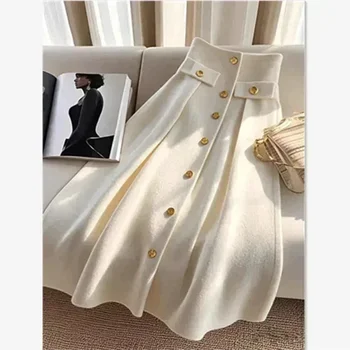 Nueva falda elegante de lana de otoño para mujer, faldas informales ajustadas de cintura alta con botones de un solo pecho, faldas de moda de Color sólido, ropa