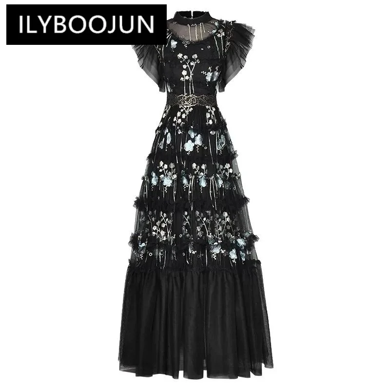 ILYBOOJUN Fashion Summer Women\'s dress Butterfly Sleeve Mesh Embroidery Wood ear edge Black Vintage Elegant Party Dresses