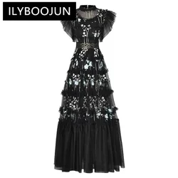 ILYBOOJUN Fashion Summer Women's dress Butterfly Sleeve Mesh Embroidery Wood ear edge Black Vintage Elegant Party Dresses