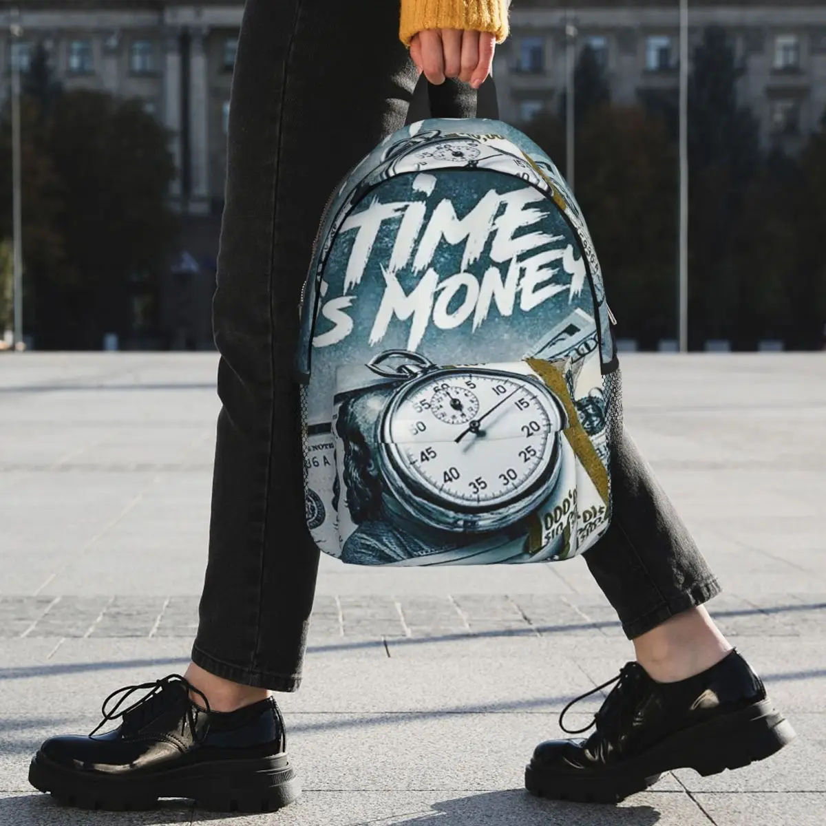 Time Is Money Clock And Currency Print Backpack Student BookBag Kids School Bag Computer Shoulder Bags for Men Women