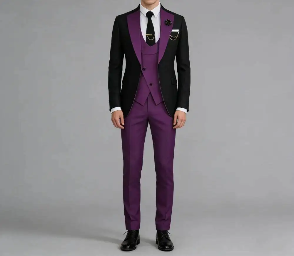 Purple 3 Pieces Pinstripe Single Breasted Evening Party Formal Man Suit Set Classic Jacket Vest Pants Wedding Suit Customized