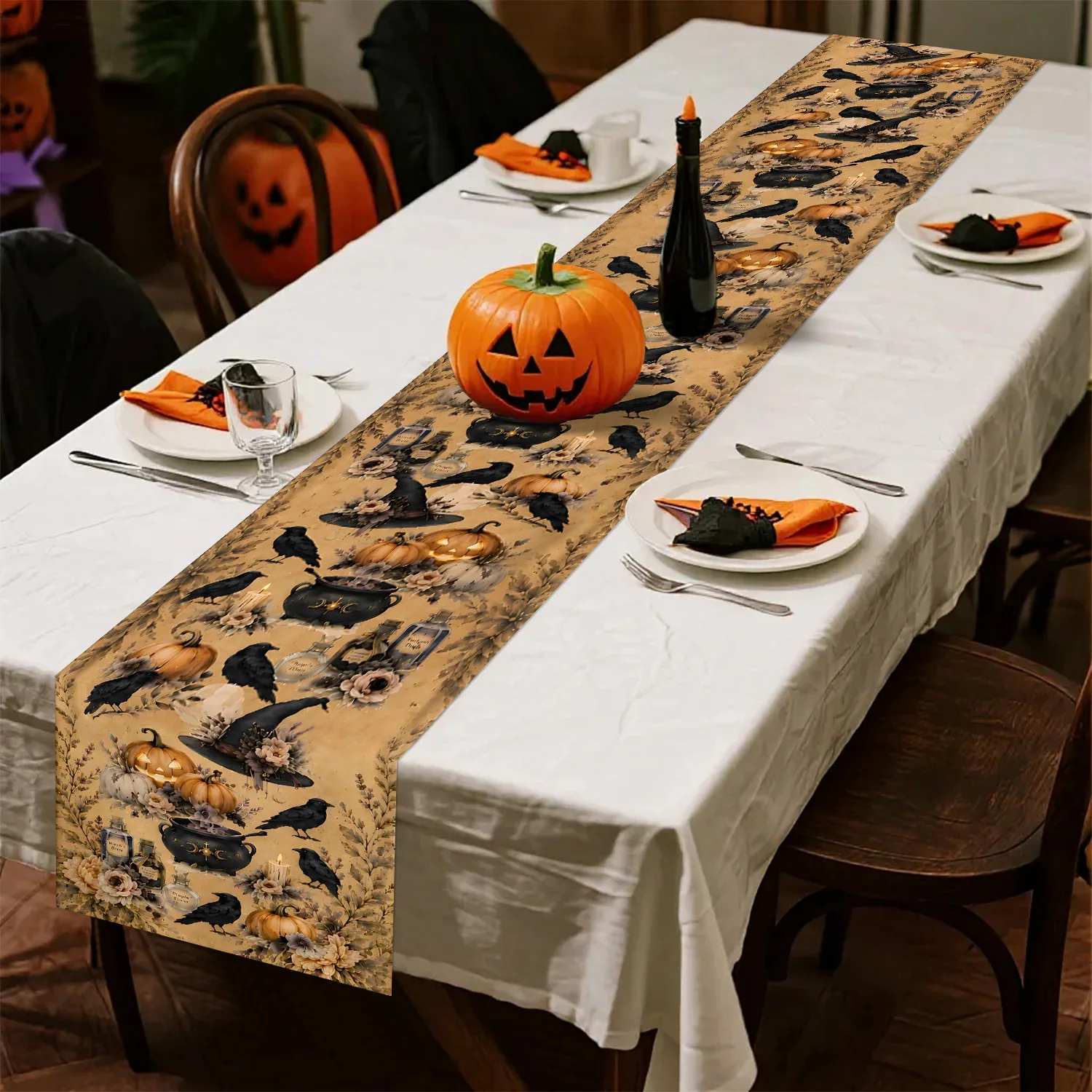 Vintage Halloween Table Runner Party Decorations Crow Pumpkin Magic Pot Witch Hat Sign Festival Kitchen Dinning Table Home Decor