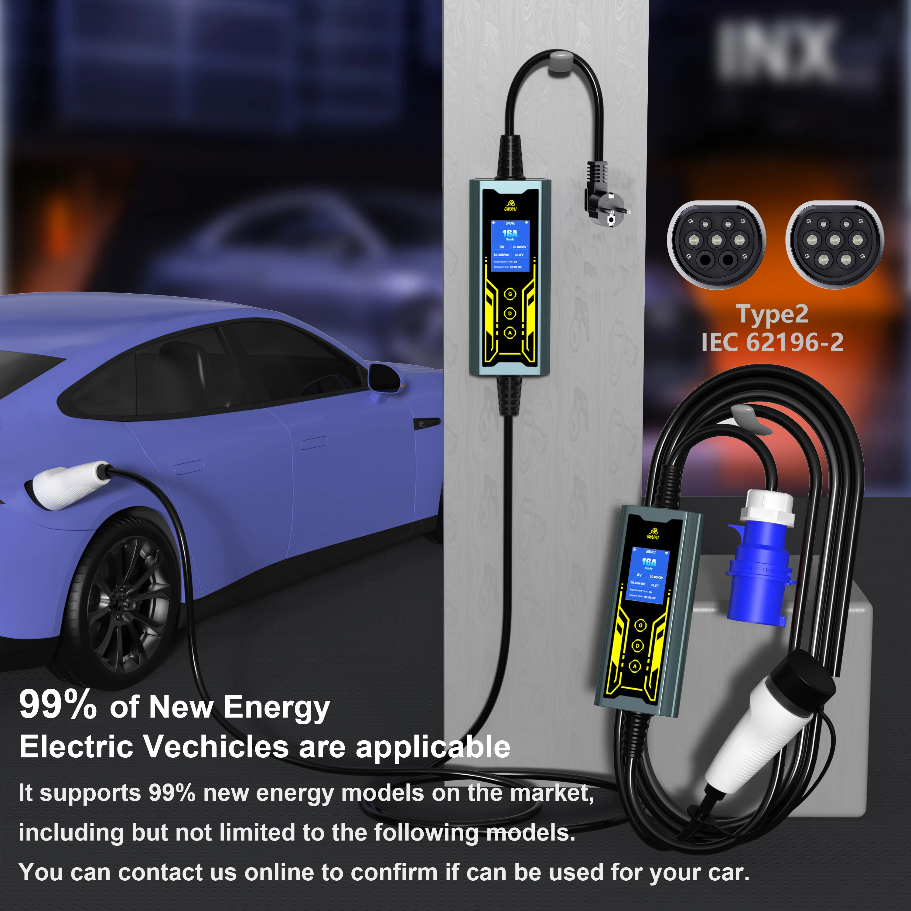 GWUYU EV Charger 32A 7kW 16A 3.5KW 1Phase  Type2 Portable Charger Smart APP WiFi Control for EV Cars2.8-inch Screen Button Contr
