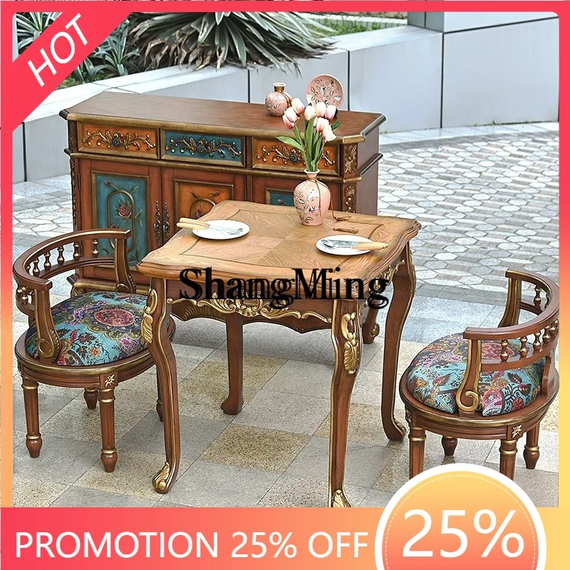 

SM retro solid wood dining table and chair combination household small apartment coffee table square