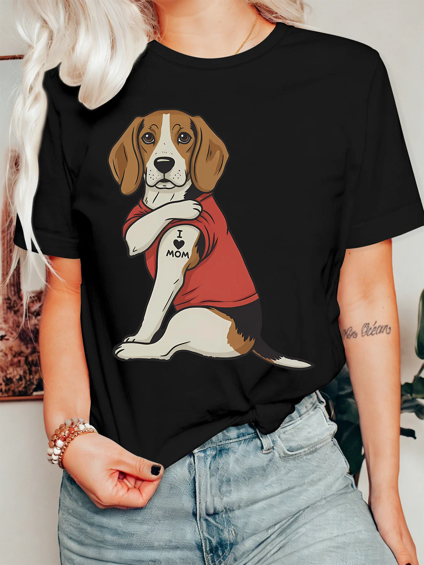 Funny Tattoo Beagle Womens T Shirt I Love Mom Slogan Cute Pet Dog Cartoon Graphic Tee Short Sleeve Casual Party Ladies Tops