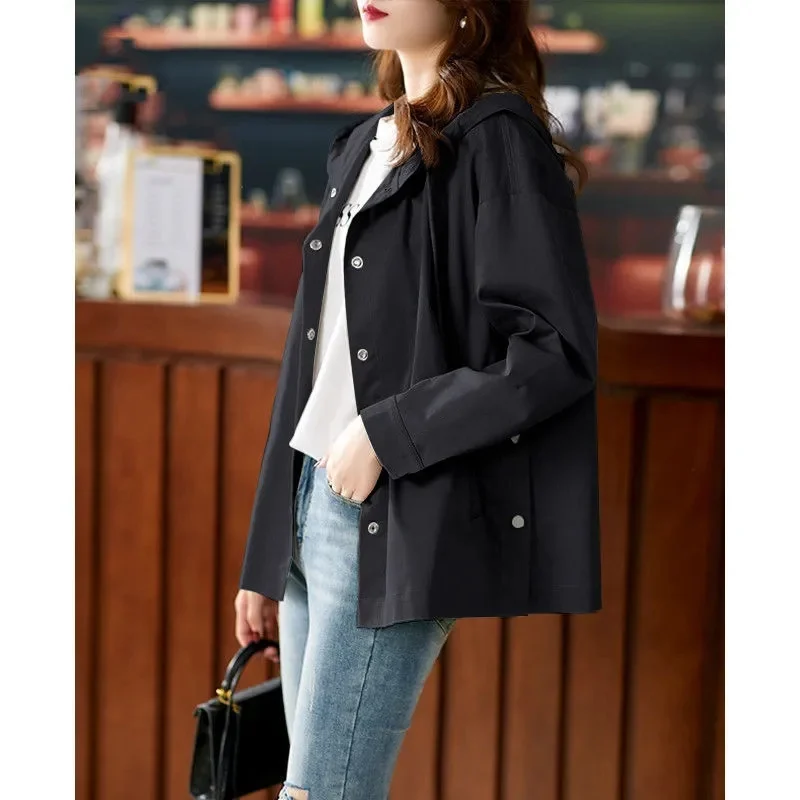 

Windbreaker Jacket Women's 2024 Spring Autumn New Coat Hooded Short Outerwear Fashion Casual Ladies Overcoat Large Size Tops