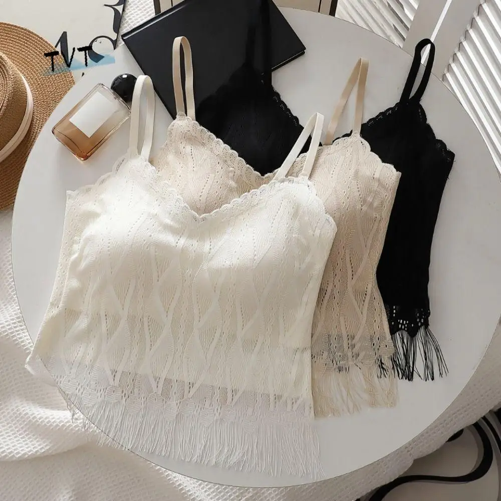

Breathable Tassel Lace Mesh Camisole Sleeveless Seamless Lace Crop Top Thin Deep V Suspender Vest with Pads Spring Summer