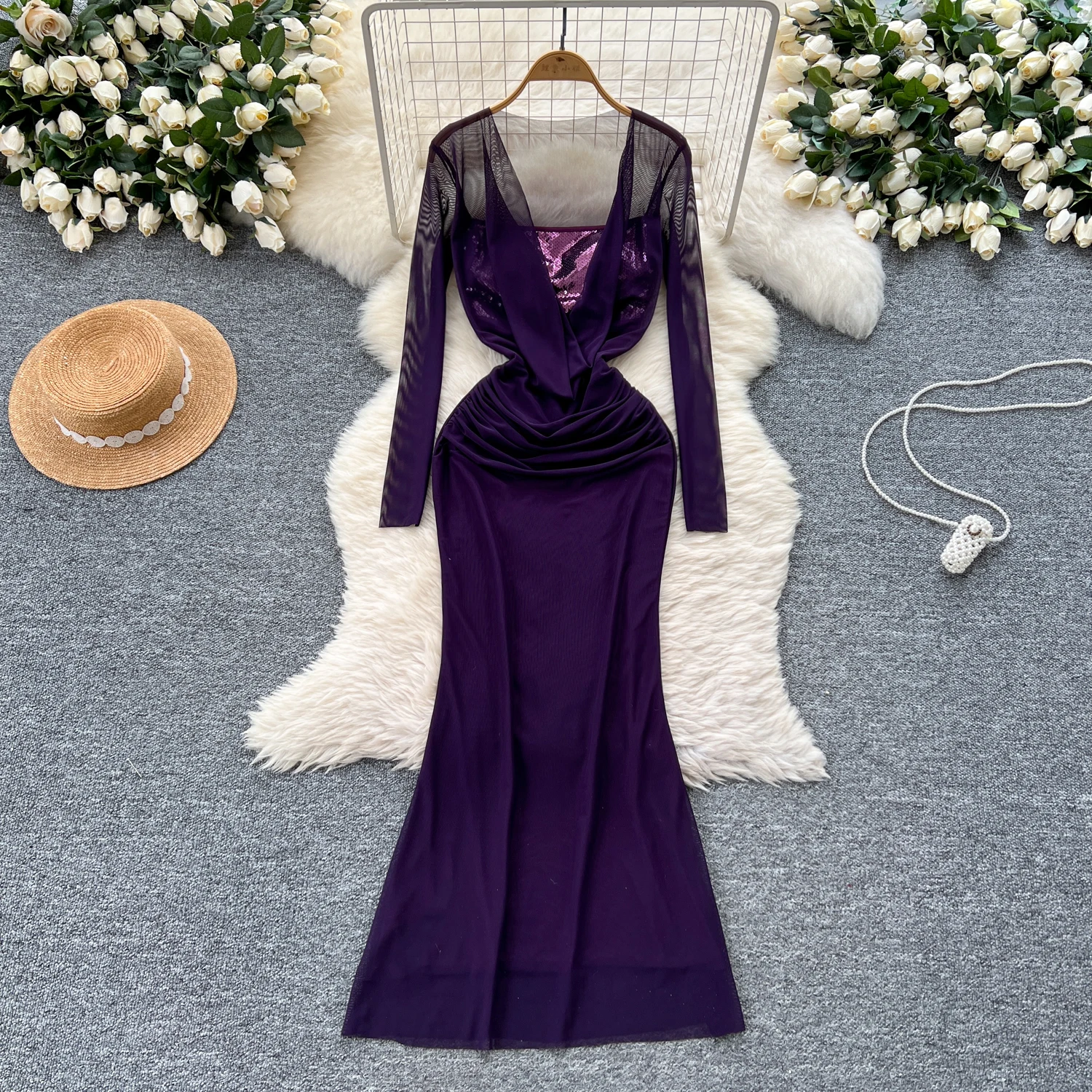 Sexy sequin Spliced mesh Elastic Slim Bodycon Dress Elegant Dress Women Summer Korean Fashion Vestidos
