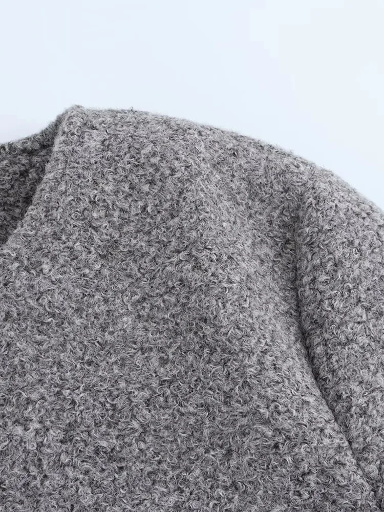 Damska Jesienno-Zimowa Nowa Elegancka Jednorzędowa Teksturowana Kurtka Krótka z Długim Rękawem, Dekoltem O-Neck, Kieszeniami z Klapami, Ozdobna, Top Mujer