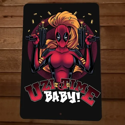 Uzi Time Baby - Letrero de pared de metal Lady Deadpool
