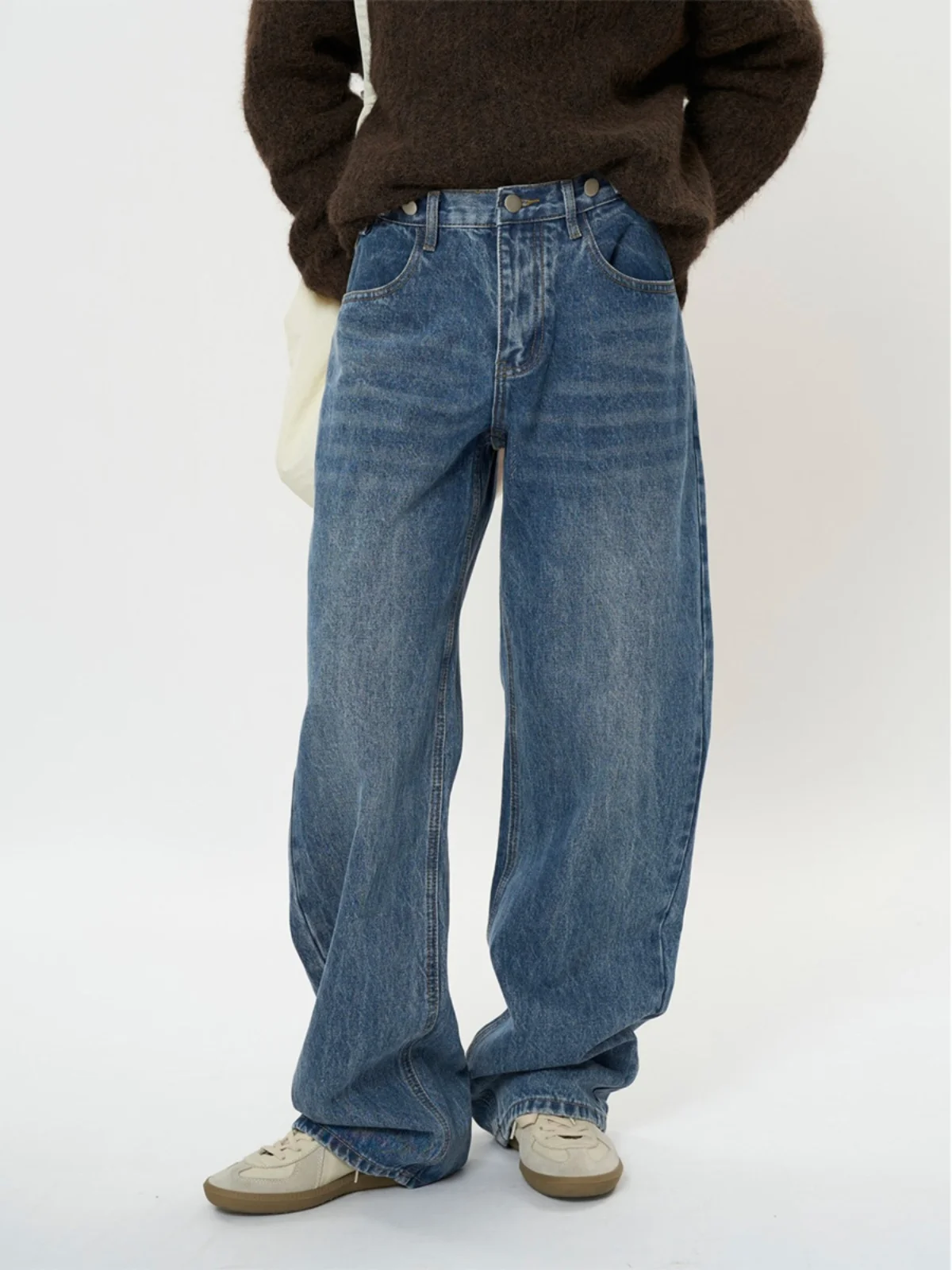 

Loose High Waist Wide Leg Jeans Women's Straight Cut Blue Denim Pants Spring Autumn Casual Slimming Trousers Floor-Length
