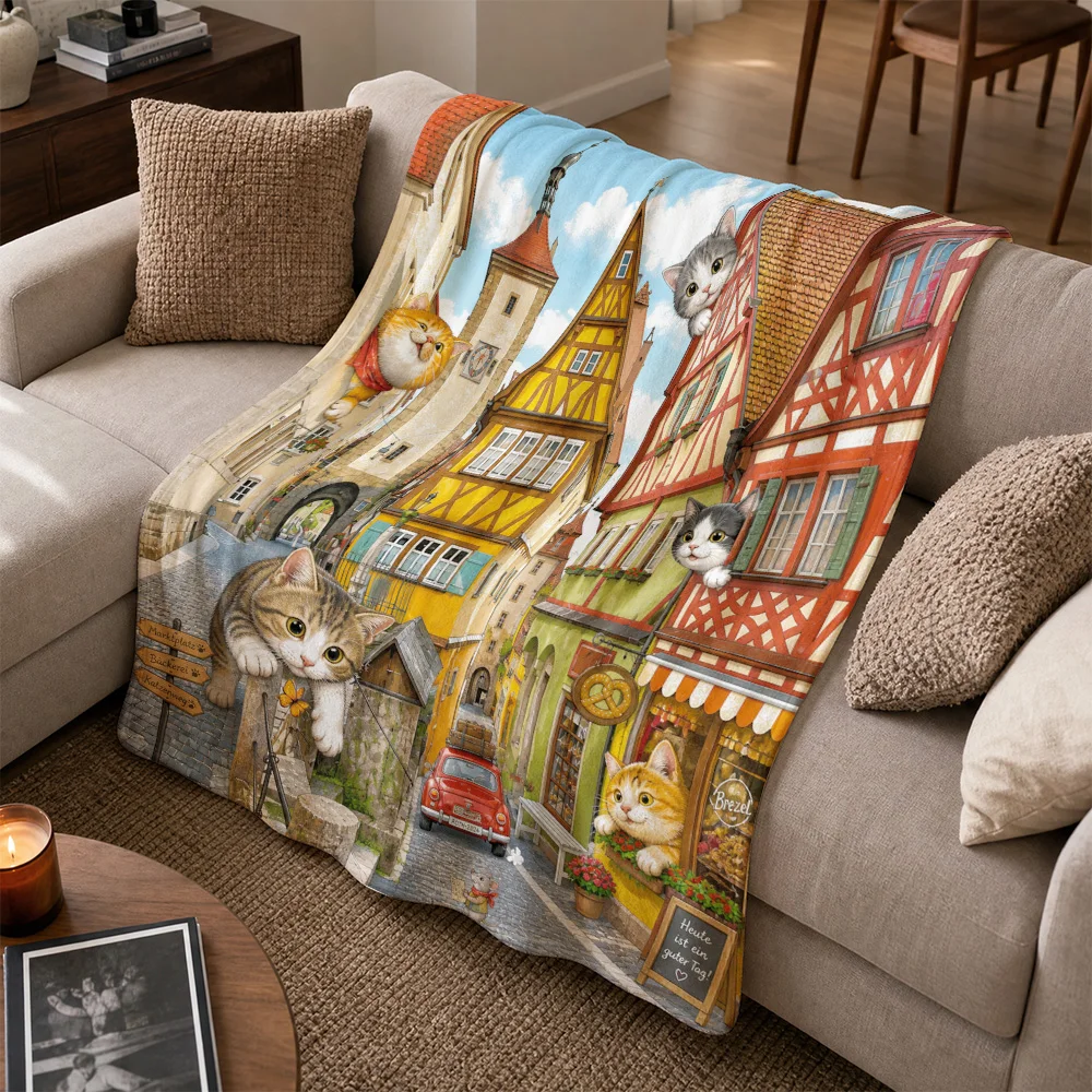 Whimsical Cat Lovers European Street Scene Throw Blanket for Sofa Couch Decor Cozy Pet Gift Fleece Throw