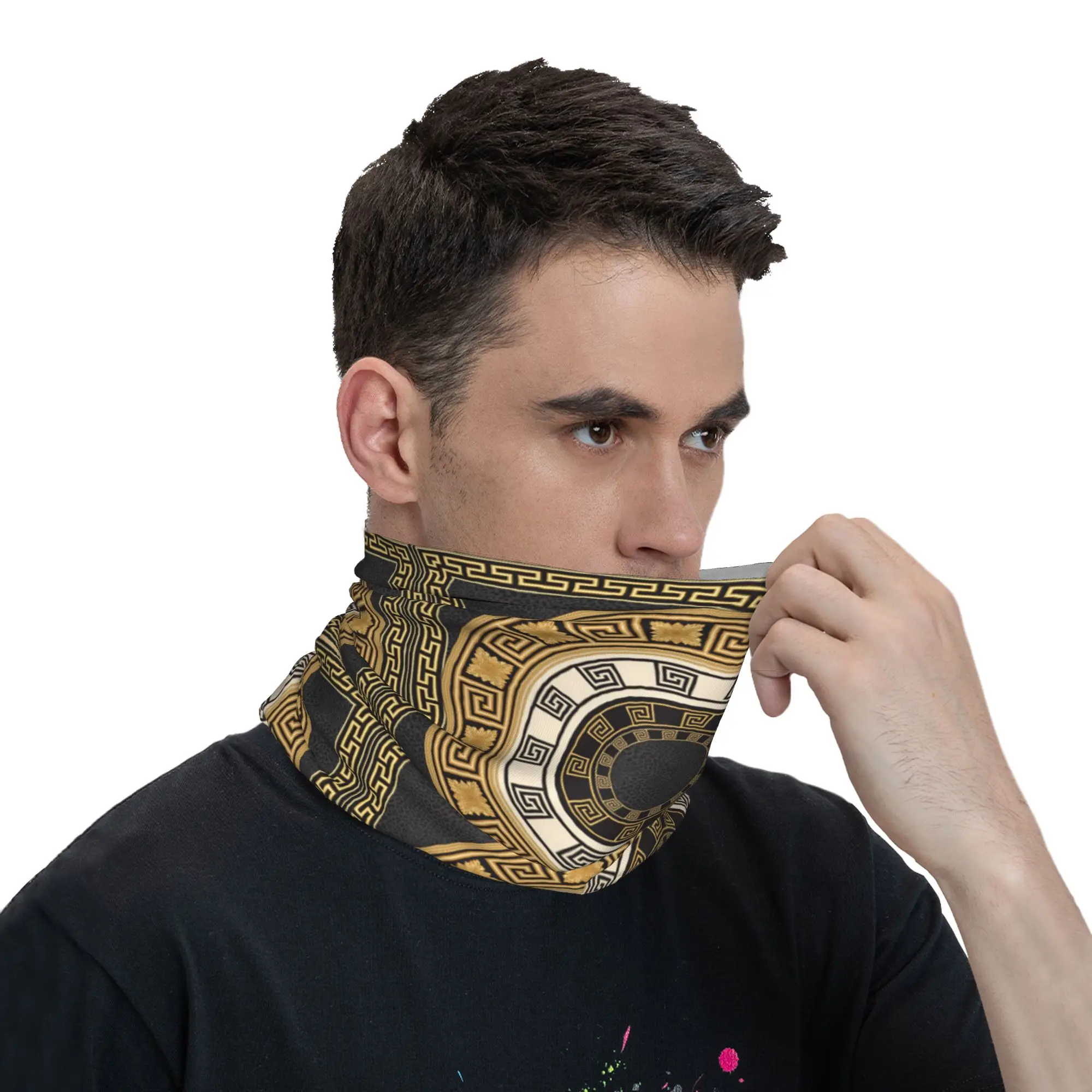 Golden Greek Meander Design Bandana Neck Gaiter Printed Wrap Scarf Multifunction Headwear Cycling For Men Women Adult view 5