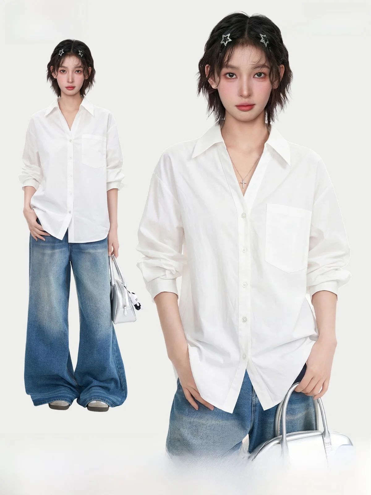 

White Collar Short Sleeve Shirt Women Summer Commute Slim Fit Sun Protection Half Sleeve Top Korean Style Loose Fit