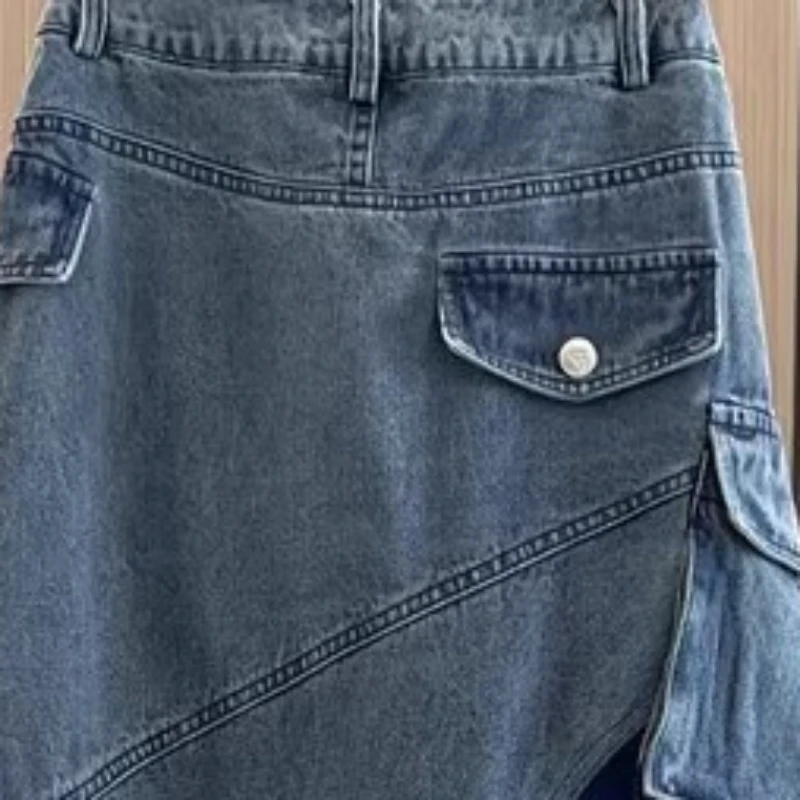 2024 American Spice Girl High Waist Denim Skirt Women\'s Summer European Casual Contrast Color Stitching A-Line Mid-Length Dress