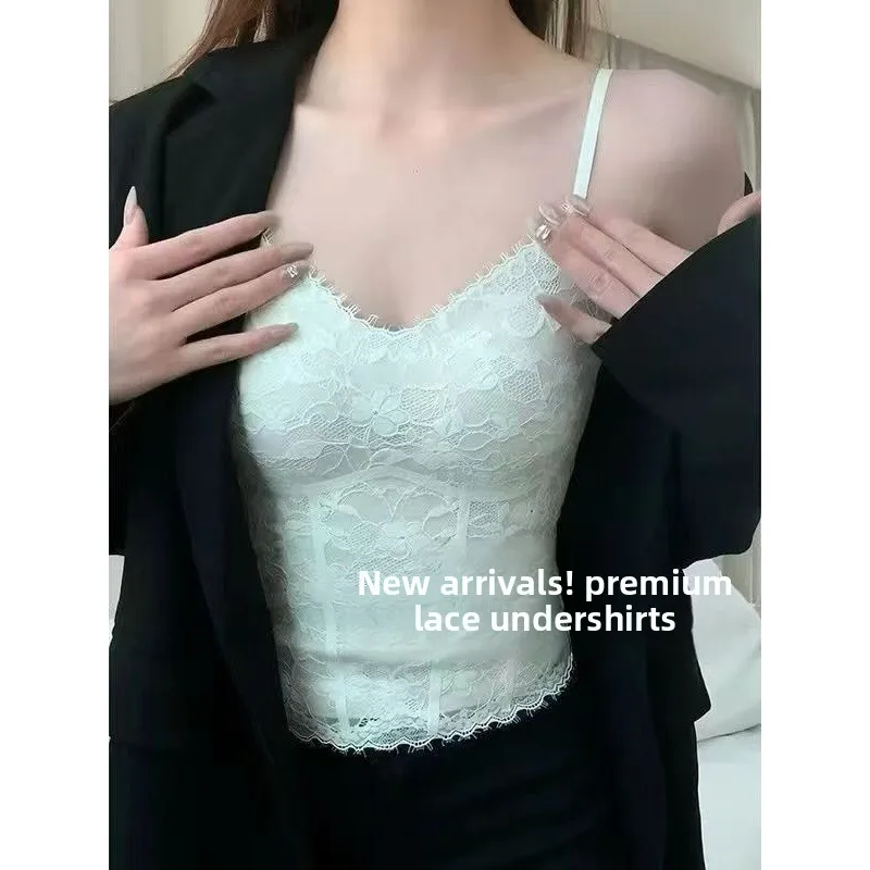 2026 Summer V-Neck Lace Strap Vest Women's Outerwear with Chest Pad Beautiful Back Bra Integrated Base Fishbone Chest Top