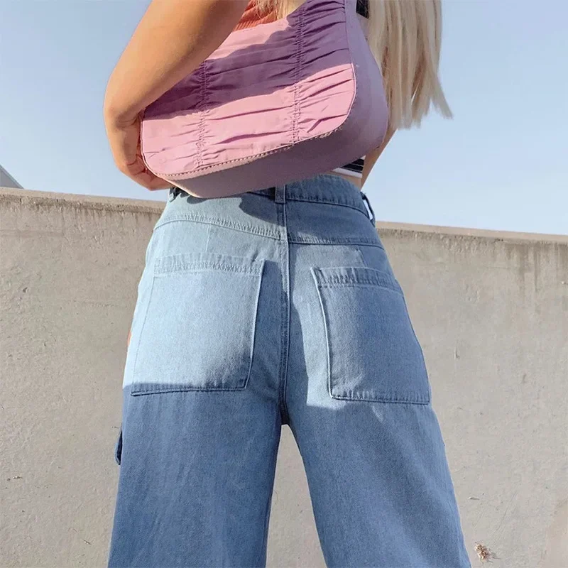 Women 90s Y2K Casual Streetwear Boyfriend Denim Jeans Patchwork Wide Leg Mom Jeans Big Pocket Cargo Pants Vintage Mopping Pants