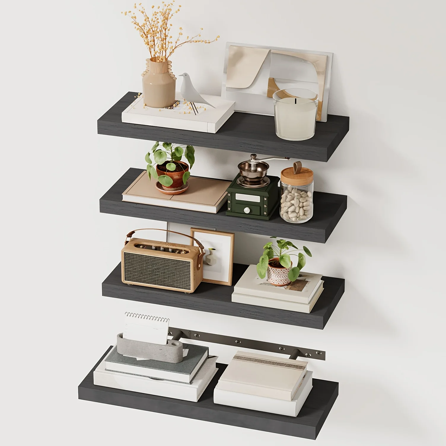 

Навесные полки Whonline, 4/5 шт., серые, белые и черные, с отделкой под дерево в деревенском стиле, для декора стен, с невидимыми кронштейнами