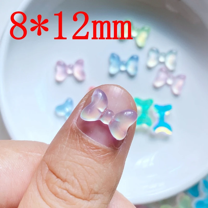 50Pcs New Cute Mini 8*12mm Shiny Aurora Bow Series Resin Flatback Cabochon Scrapbook Kawaii Embellishments Accessories