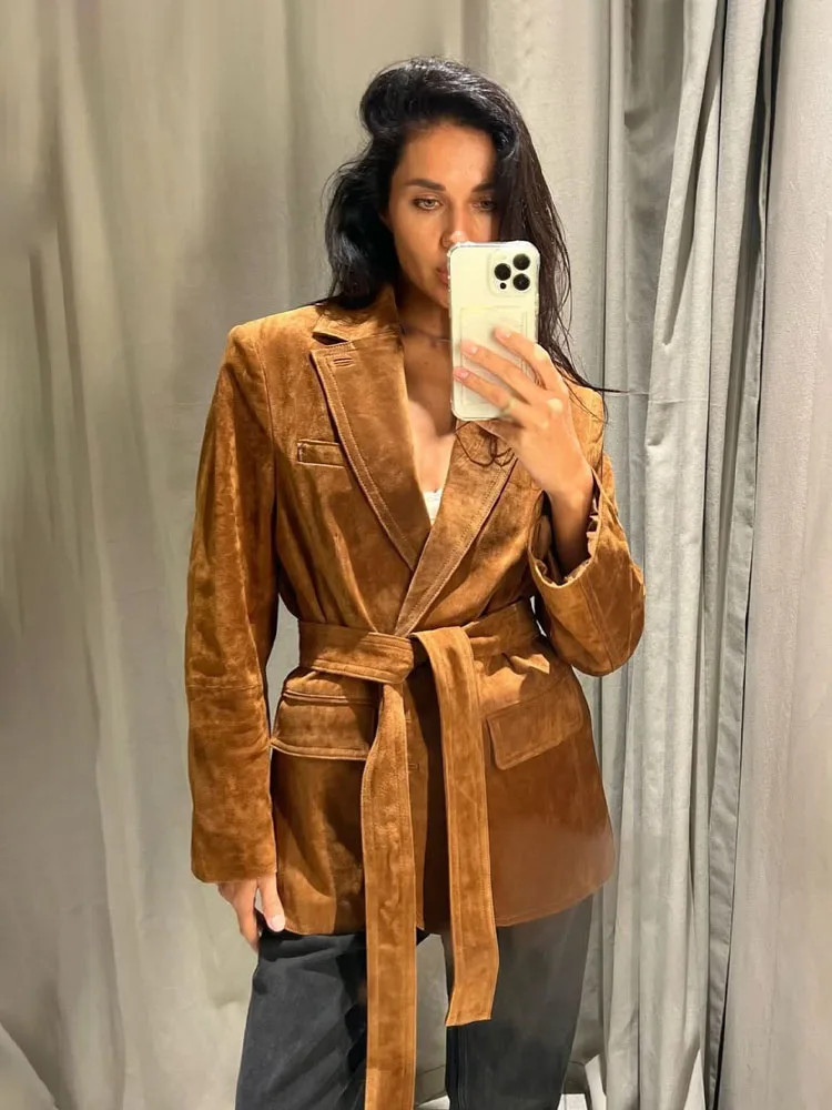 HH femmes mode manches longues veste solide col rabattu à lacets décoration poches bouton femme automne manteaux décontractés