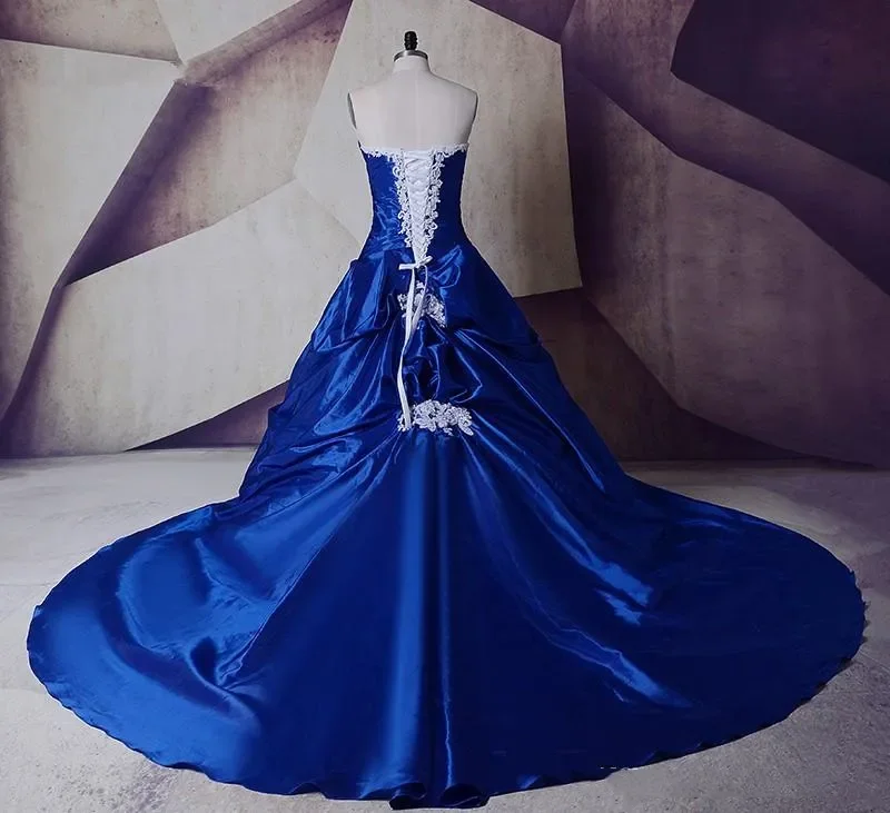 Vestido de casamento vintage tafetá com grânulos de renda, querida volta espartilho, vestidos nupciais, plus size noiva, branco e azul royal