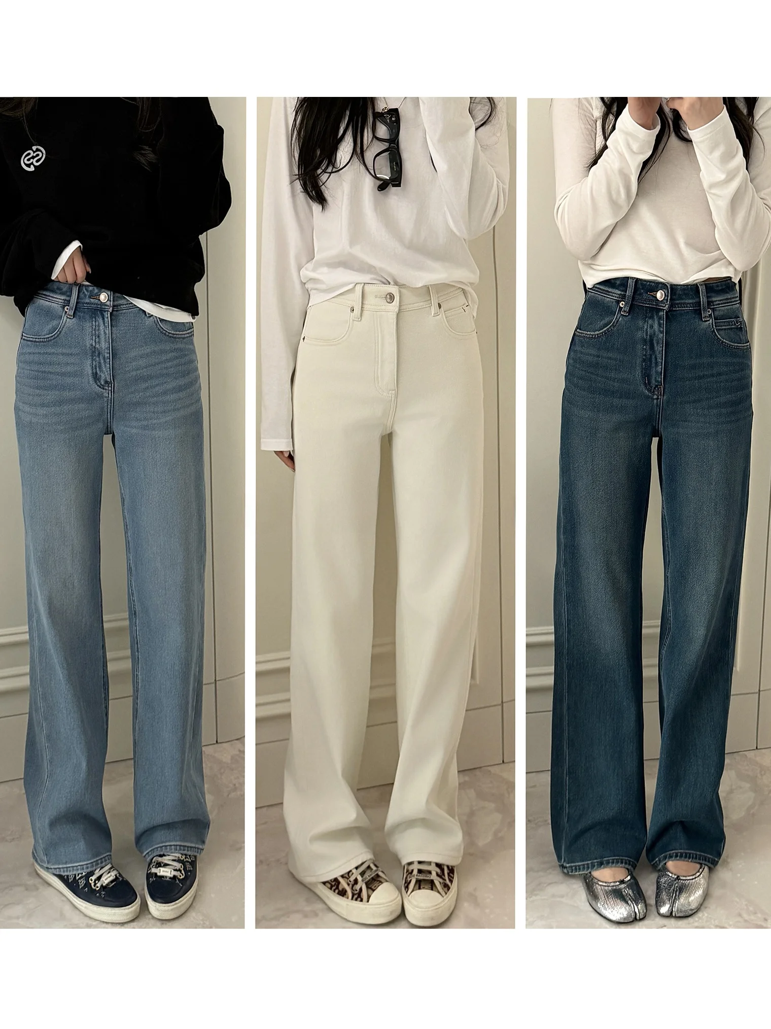 

Джинсы Rubbit Chic с высокой талией, прямые, повседневные, длинные брюки, широкие штанины, облегающие, из денима, в разных цветах