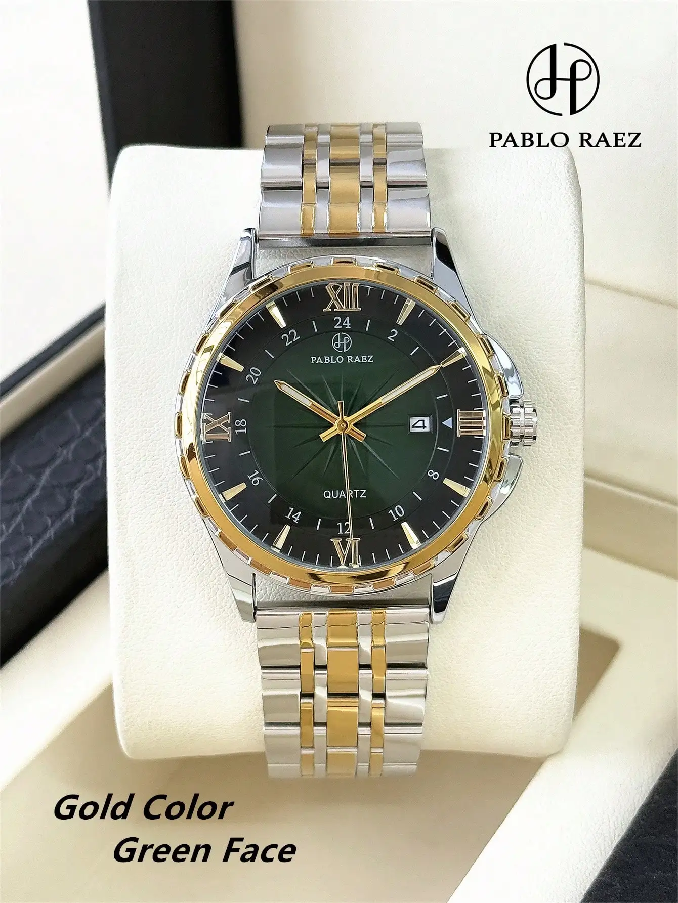 Pablo Raez 1pc Men's Business Watch SUS304 Stainless Steel Gold/Silver Charming Wristwatch Original Brand Non-Fading Case Solid Metal Heavy Strap Classic New Hot-Selling Fashion Roman Numerals And Bar Markers With Date Display Gradient Green Large Dial