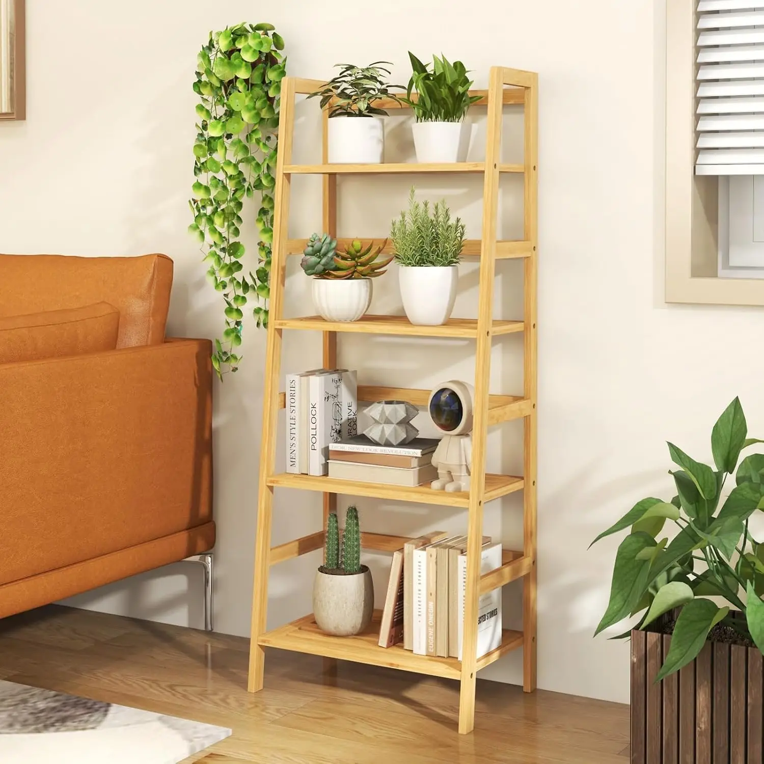 4-Tier Bookshelf, 47.5"" Bamboo Open Bookcase Book Shelf With Storage, Freestanding Display Shelving Unit Plant Stand, Ladder