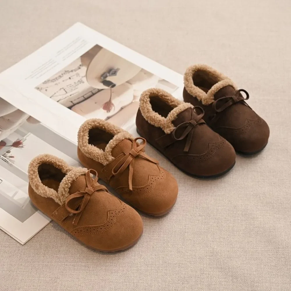 Toddler Fleece Lined Oxford Shoes, Kids Vintage Brogue Warm Winter Flats, Bow Decor Non-Slip Soft Sole Dress Shoes for Girls