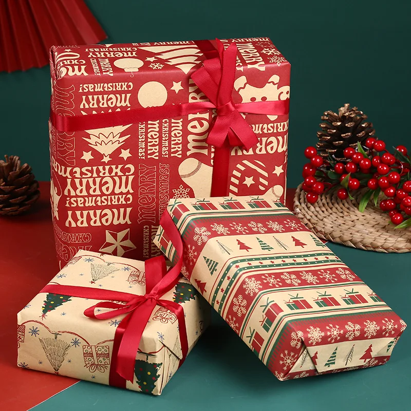 50x70cm Christmas Decoration Gift Wrapping Paper 5pcs Thickened Kraft Paper Tree Elk Santa Claus Printing Gifts Box Wrapping