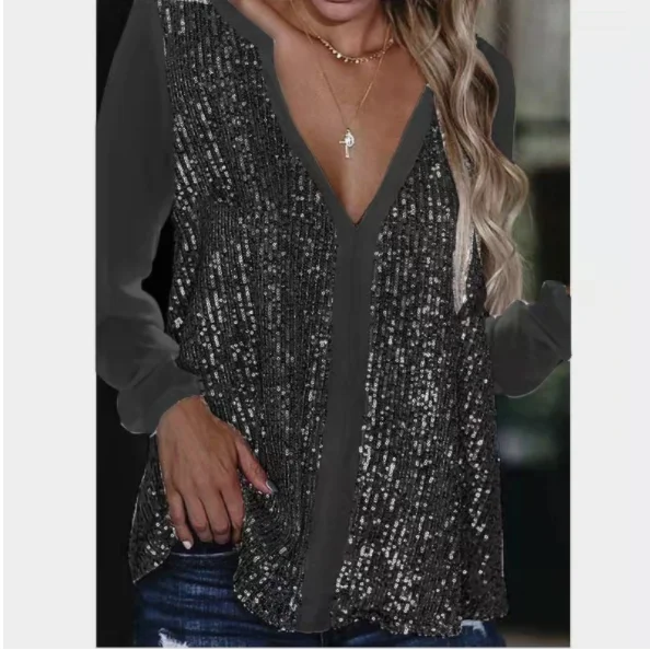 2023 Fashion Sequin Shirt Women Sexy Casual Long Sleeve Fall Streetwear Blouse Business Ldaies Loose Tops