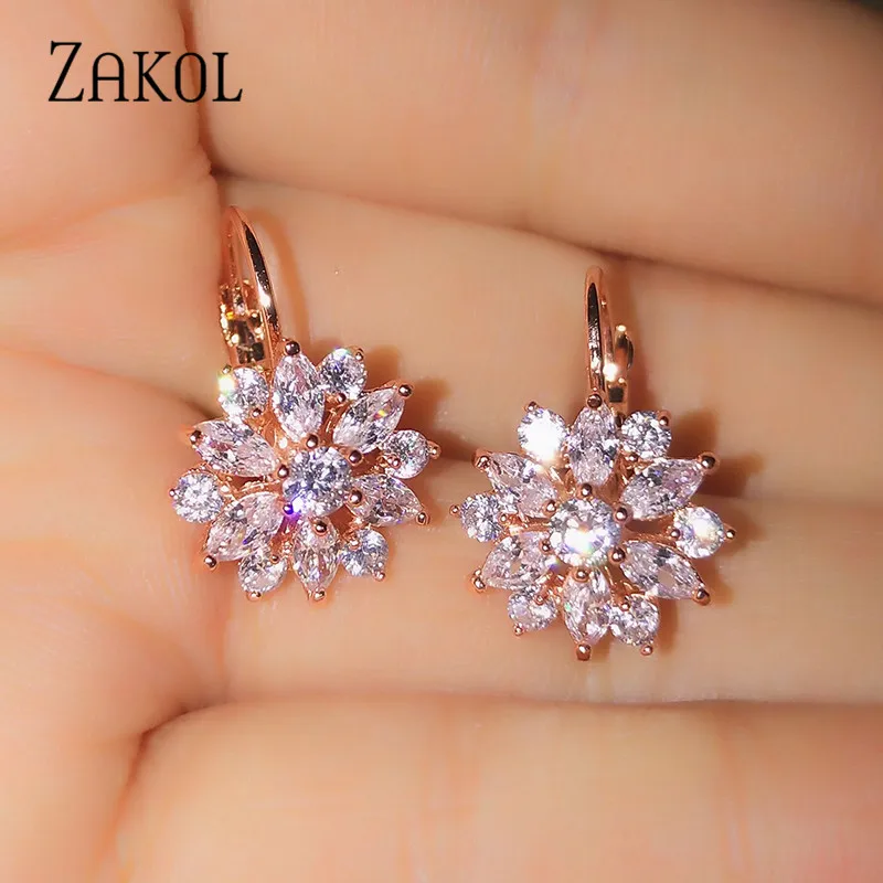 ZAKOL Fashion Rose Gold Color Flower Hoop Earrings for Women CZ Crystal Zircon Earring Brincos image 3