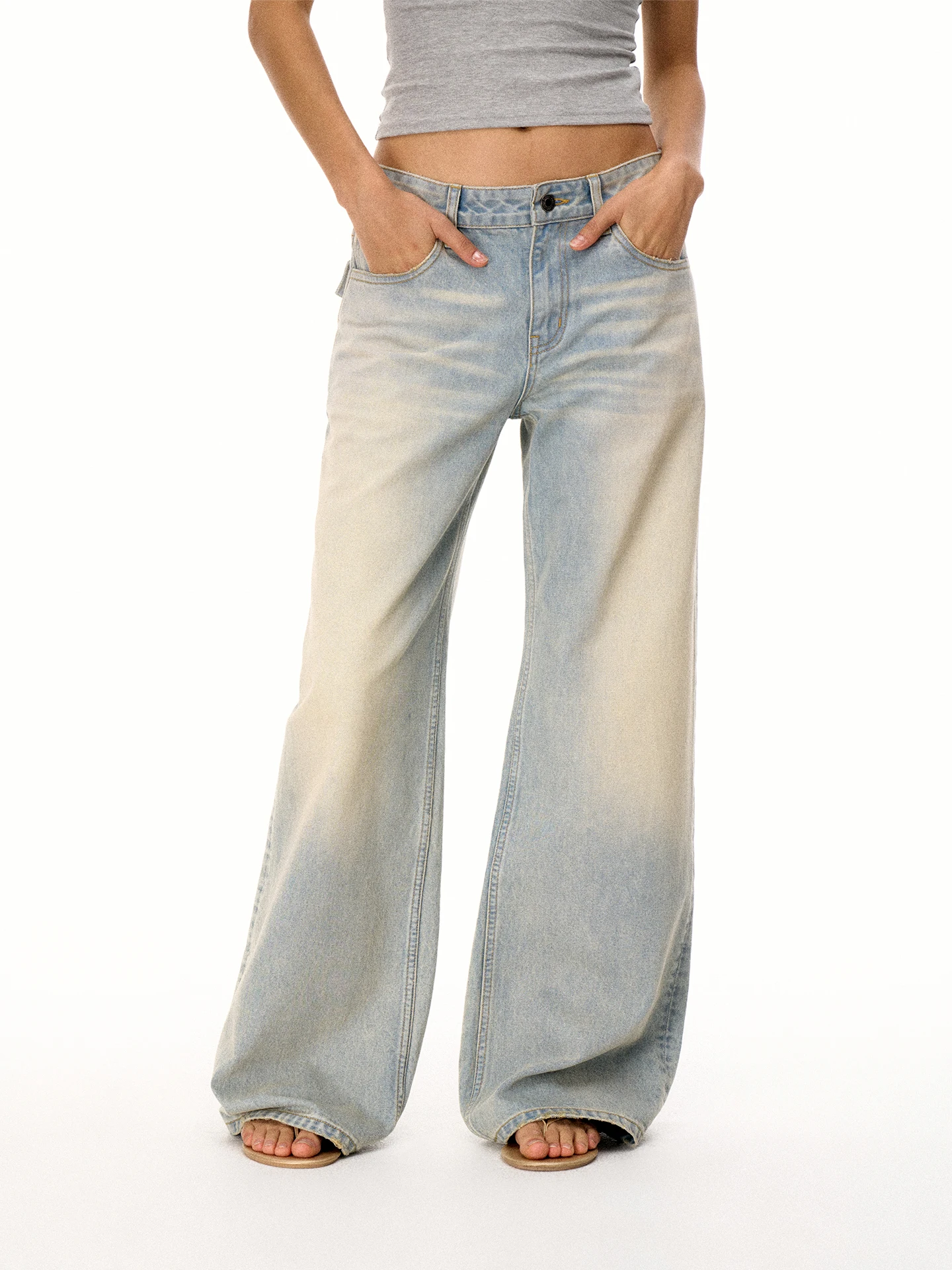 

Firstfloor Retro Faded Light Blue Heavy Waed Casual Straight Leg Jeans Women's Cleanfit Cotton l Waist Button Fastening