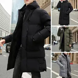 Winter Men Cotton Coat Hooded Drawstring Long Sleeve Mid-length Down Jacket with Pockets Solid Color Thicke Puffer Coat Outrwear