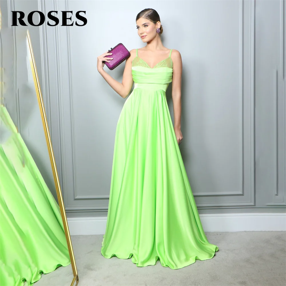 

ROSES Spaghetti Strap Special Occasion Dresses Lace V Neck Formal Gown Pleat Stain A Line Long Evening Dress vestidos de fiesta