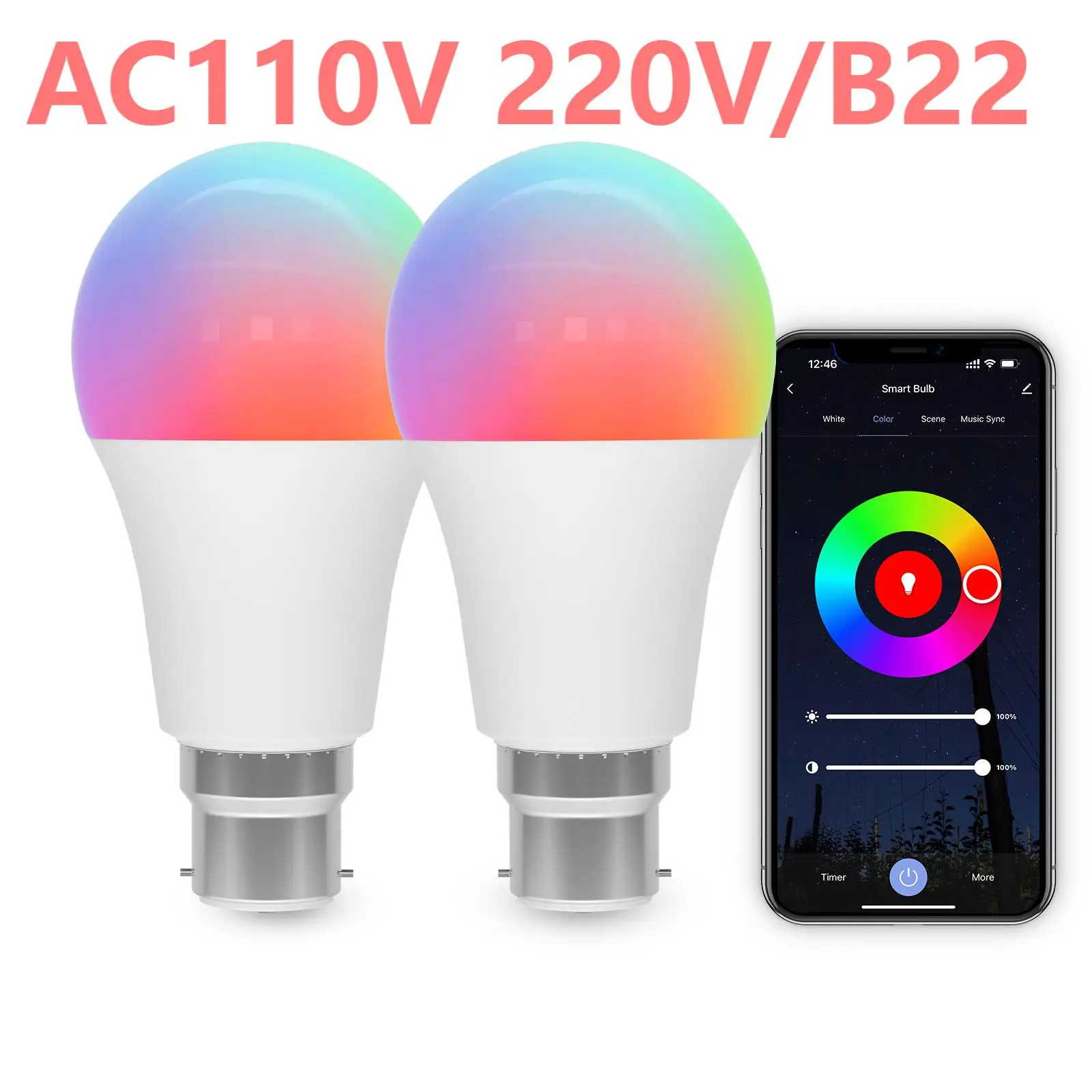 Wifi Smart Light Bulb RGBCW Dimmable 9W B22 Works With Alexa Google Assistant SmartThings Home 2700K-6500K LED Light Bulb 2PCS