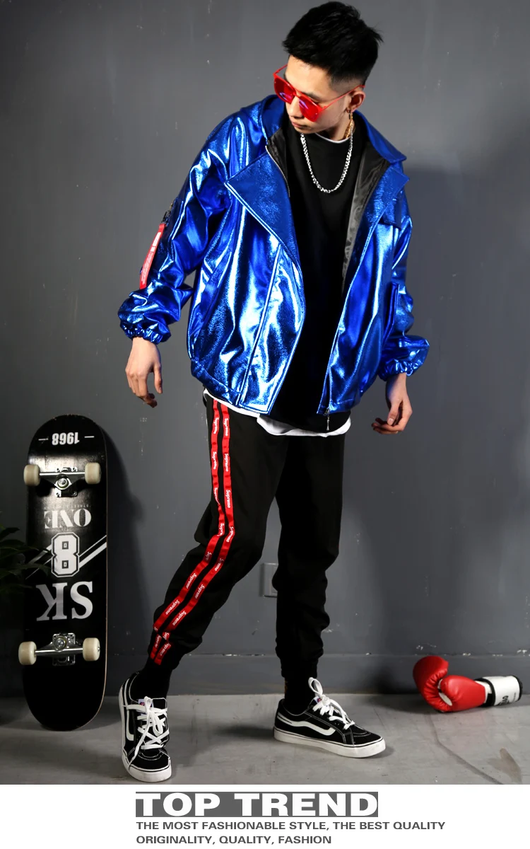 2025 블루 레이저 Pu 가죽 코트 남성 축제 의류 가수 공연 의상 나이트 클럽 Gogo 댄서 의류 레이브 복장 yk