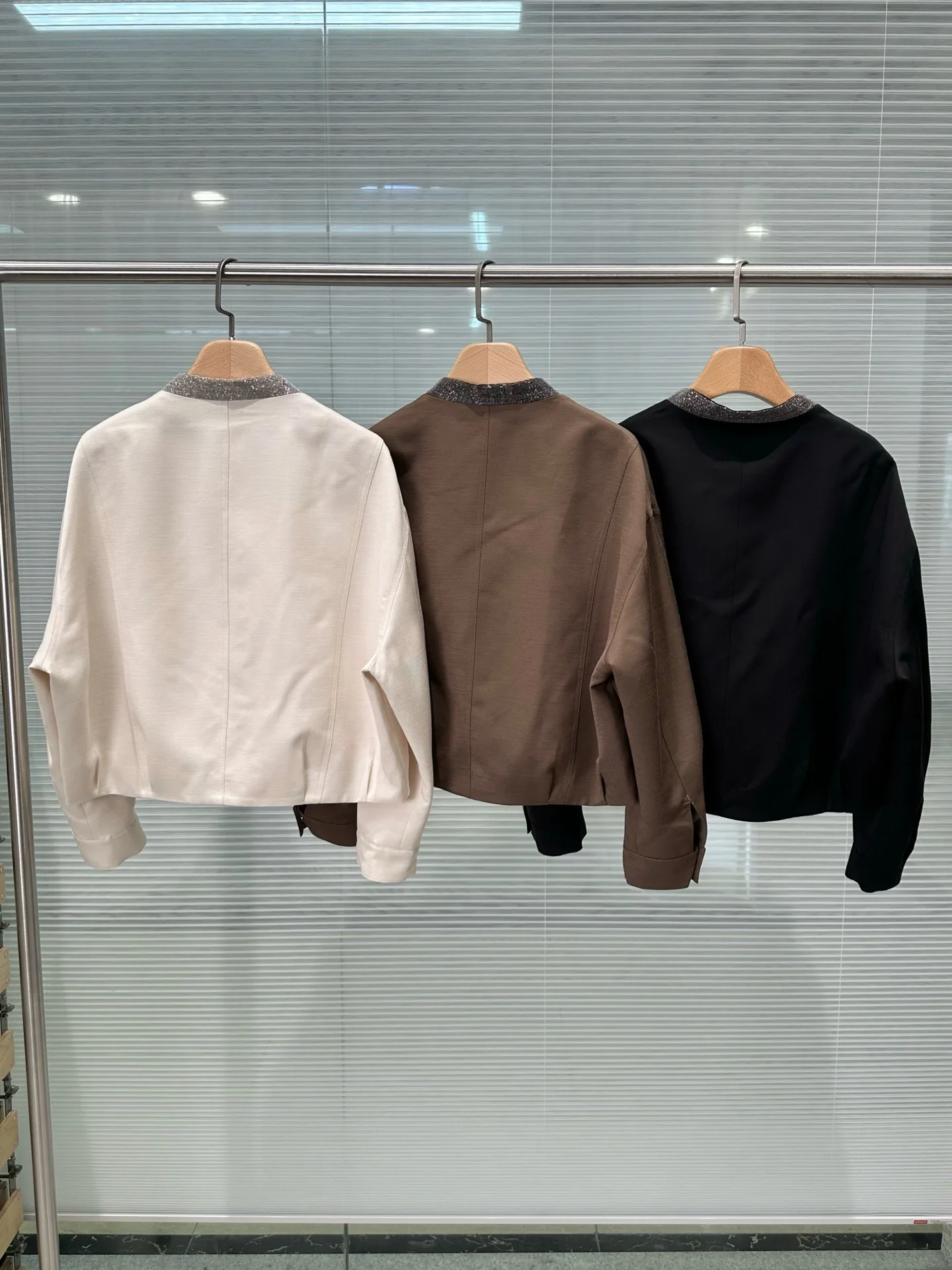 Sparkle Trim Stand Collar Zip Cropped Jacket For Women