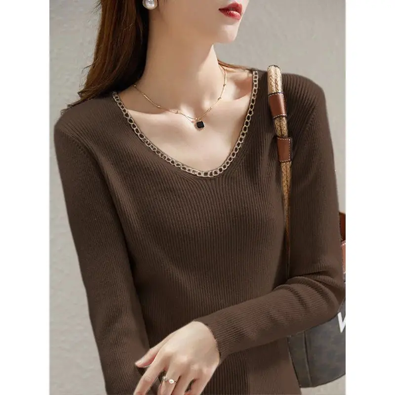 Women\'s Clothing Spring Autumn Solid Color Pullover Long Sleeve Round Neck Screw Thread Sweater Knitted Casual Fashion Tops