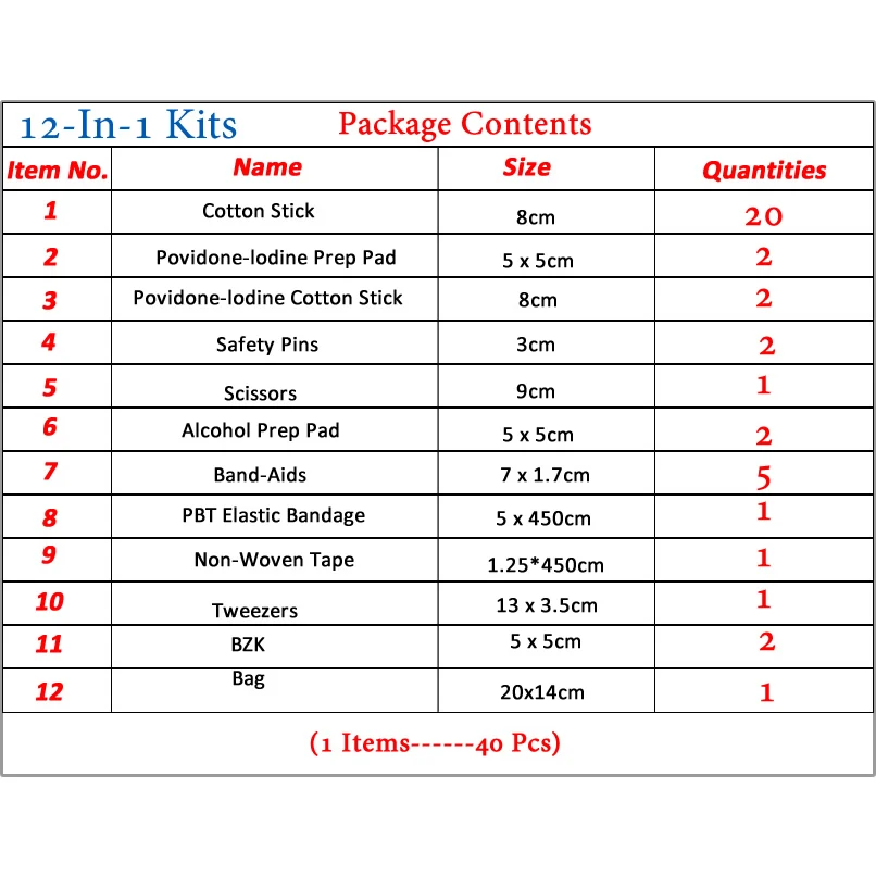 12-In-1 40pcs Set Portable First Aid Kit Red Car Emergency Kit Accessories For Home Travel Outdoor Emergency Medical Treatment