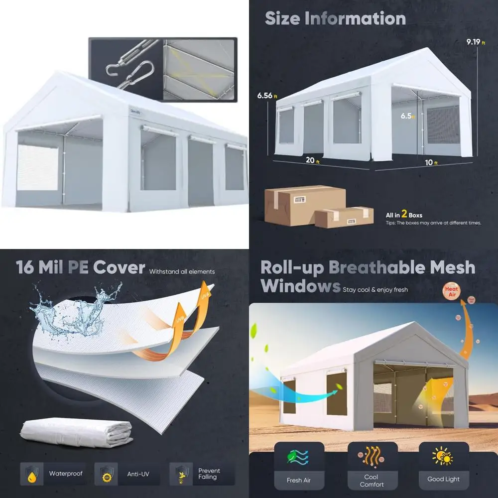 

Heavy-Duty 10x20 ft Carport with Side Zipper Doors, Snowproof Steel Cables, Ventilated Windows, Waterproof Storage Solution