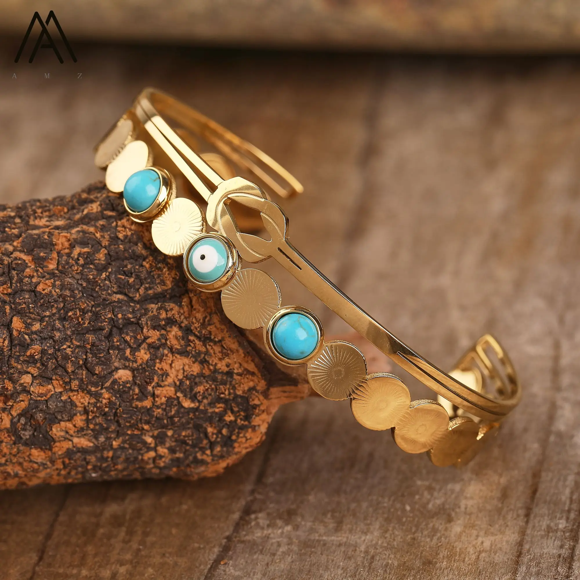 Minimalist Bangle Turquoises Stone Stainless Steel Open Cuff Bracelets for Women Trendy Jewelry Vintage Gift